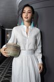  K157 + K158 - Set đồ gồm áo sơ mi linen cổ tàu, xếp ly 2 vạt, tay dài đính ren và chân váy xòe dáng A 