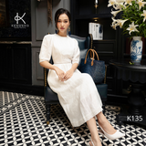  K135 Đầm Linen cổ tròn xếp ly  ngực, tay phồng mix ren 