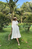  K134 Đầm linen suông  cổ tàu, xếp ly, tay dài 