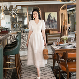  K136 Đầm Linen Cổ V, Xếp Ly Ngực Phối Ren, Tay Phồng BEST SELLER 
