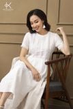  K116 Đầm linen cổ tròn, dáng xuông, đuôi cá, tay ngắn phối ren 