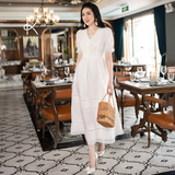  K136 Đầm Linen Cổ V, Xếp Ly Ngực Phối Ren, Tay Phồng BEST SELLER 