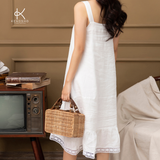  K119 Đầm LINEN suông, 2 dây đuôi cá may mix ren 