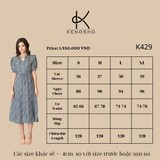  K429 đầm Ramie cổ tàu, buộc dây eo với họa tiết hoa nhí xanh 