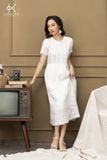  K116 Đầm linen cổ tròn, dáng suông, đuôi cá, tay ngắn phối ren 