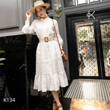  K134 Đầm linen suông  cổ tàu, xếp ly, tay dài 