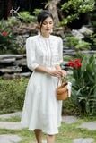  K196 Đầm Linen cổ tàu, bèo thêu trước ngực 