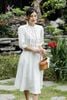 K196 Đầm Linen cổ tàu, bèo thêu trước ngực