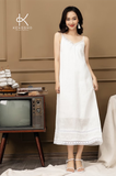  K118 Đầm linen maxi, dáng suông, 2 dây mix ren 