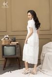  K116 Đầm linen cổ tròn, dáng xuông, đuôi cá, tay ngắn phối ren 