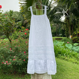  K119 Đầm LINEN suông, 2 dây đuôi cá may mix ren 
