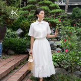  K204 Áo sơ mi cổ tàu, tay ren sóng dáng dài BEST SELLER 