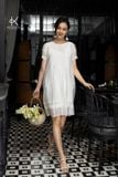  K142 Đầm suông xếp ly ngực cotton lụa mix ren 