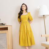  K184/K185/K186 Đầm Linen cổ vuông, tay ngắn phồng 