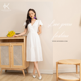  K180 Đầm linen cổ V, tay cánh tiên màu trắng 