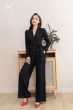  Bộ Suit gồm áo Blazer màu đen buộc dây và quần xuông linen lụa 