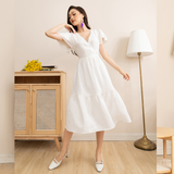  K180 Đầm linen cổ V, tay cánh tiên màu trắng 