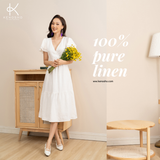  K180 Đầm linen cổ V, tay cánh tiên màu trắng 