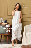  K112 Đầm maxi LINEN cổ yếm, dáng suông,  gấu đính ngọc trai 