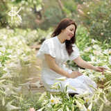  K192 Đầm linen thêu, cổ tàu, đuôi cá, tay lồng đèn BEST SELLER 