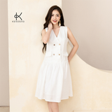  K315 Đầm LINEN suông, cổ V, sát nách, đính cúc 