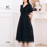  K136 Đầm Linen Cổ V, Xếp Ly Ngực Phối Ren, Tay Phồng 