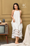  K112 Đầm maxi LINEN cổ yếm, dáng suông,  gấu đính ngọc trai 