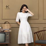  K115 Đầm linen cổ tròn, đuôi cá, tay lỡ phối ren ngực 