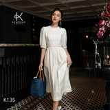  K135 Đầm Linen cổ tròn xếp ly  ngực, tay phồng mix ren 