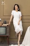  K116 Đầm linen cổ tròn, dáng xuông, đuôi cá, tay ngắn phối ren 