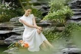  K202 Đầm linen cổ tàu, dáng xòe A, cổ tàu tay thêu ren 