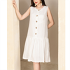 K312 Đầm Linen dáng suông, cổ tròn đuôi cá đính khuy gỗ