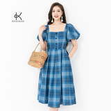  K316 Đầm Linen kẻ caro, cổ vuông, tay phồng 