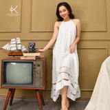  K112 Đầm maxi LINEN cổ yếm, dáng suông,  gấu đính ngọc trai 