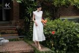  K202 Đầm linen cổ tàu, dáng xòe A, cổ tàu tay thêu ren 