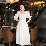  K303 Đầm LINEN cổ tròn, cài khuy dọc thân, tay lỡ 