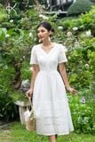  K195 Đầm linen thêu ren cổ V tay ngắn BEST SELLER 