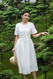  K194 Đầm Linen thêu ren thân trên, dáng xòe, cổ tròn tay ngắn 