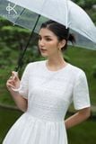  K194 Đầm Linen thêu ren thân trên, dáng xòe, cổ tròn tay ngắn 