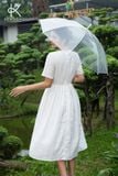  K194 Đầm Linen thêu ren thân trên, dáng xòe, cổ tròn tay ngắn 