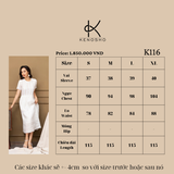 K116 Đầm linen cổ tròn, dáng suông, đuôi cá, tay ngắn phối ren 