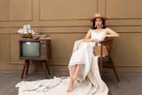 K118 Đầm linen maxi, dáng suông, 2 dây mix ren 