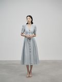  K402 Đầm linen cổ V đính cúc gỗ dọc thân, tay buộc nơ 