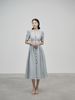 K402 Đầm linen cổ V đính cúc gỗ dọc thân, tay buộc nơ