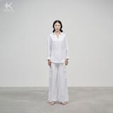  K415 Áo sơ mi linen cổ V, dài tay dáng suông 