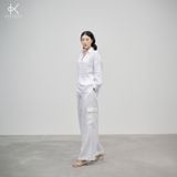  K415 Áo sơ mi linen cổ V, dài tay dáng suông 