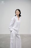  K415 Áo sơ mi linen cổ V, dài tay dáng suông 