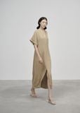  K406 Đầm đũi linen , cổ V dáng xuông xẻ trước 