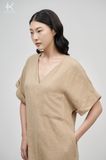  K406 Váy đũi linen , cổ V dáng xuông xẻ trước 