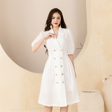  K314 Đầm Linen cổ vest, dáng chữ A đính 2 hàng khuy gỗ 